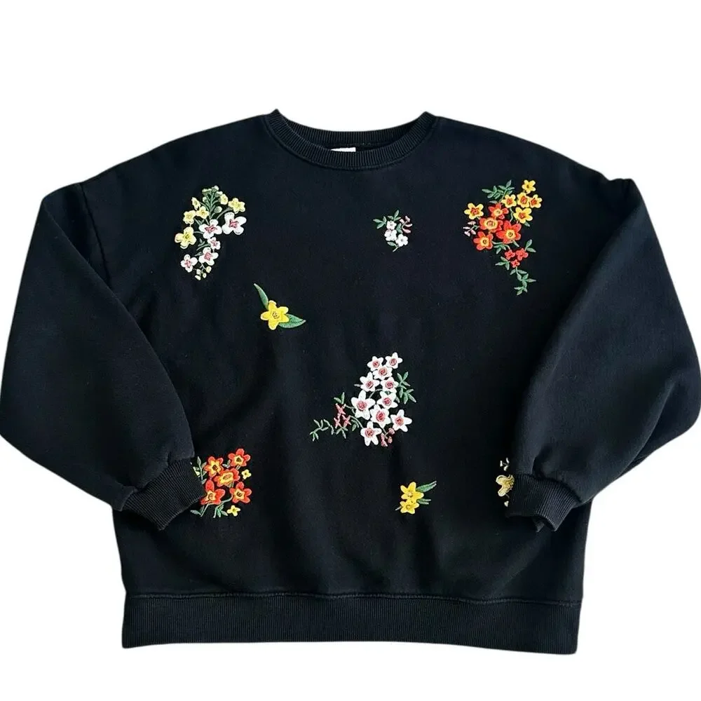 ZARA Girls Black Sweatshirt with Embroidered Flowers Size 11-12y